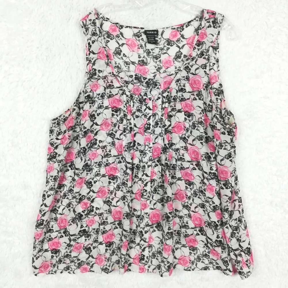 Torrid Womens Blouse Top Sleeveless Skulls Sheer Roses Pleated White Plus 3